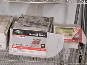 lot 102 image: Grip Fast Round Head Framing Nails 3-14x.131, Grip Rite Paper Tape Clipped Head Smooth Shank Stick Nail 2-38x.113 (partial boxes)