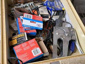 lot 108 image: Assorted Hand Tools, Dremel Model 230 Engraver, Fasteners, Stapler and Staples, Glue Gun
