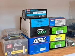 lot 112 image: Lot of (10) Boxes of Assorted Nails - 16GA 1-14 Finish, 1-12 Roofing, 1-34 Roofing, 34 Roofing, 3-D Box Nail, 16D 3-12 Exterior Galvanized Finish 6D 2 Finish (partial boxes)