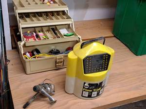lot 127 image: Assorted Fishing Tackle and Gear - Tackle Box with Tackle, Frabil Flow Troll Minnow Bucket, Maxxar Cardinal Fishing Reel