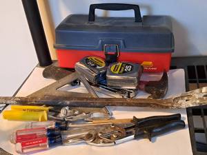 lot 164 image: Plano Plastic Tool Box with Hand Tools - Screwdrivers, Tape Measures, Square, Hammer Stapler, Claw Hammer, Tin Snips