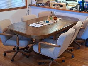 lot 189 image: Wooden Dining Set with Dining Table, (6) Rolling Padded Arm Chairs
