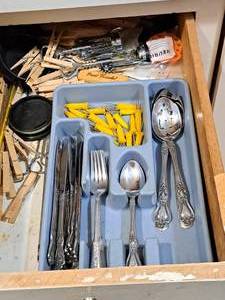 lot 237 image: Utensils, Flatware Organizer, Knives, Forks, Spoons, Serving Spoons, Cork Screws, Corn Cob Holders, Clothes Pins