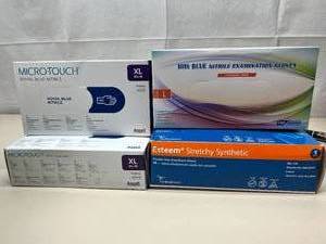 lot 33 image: Lot of 4 Boxes NEW Mixed Brand Nitrile and Vinyl Examination Gloves (Ansell, Iris Blue, Cardinal Health) Sizes XL, L & Small