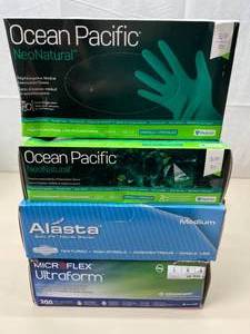 lot 34 image: Lot of 4 Boxes NEW Mixed Brand Neoprene & Nitrile Examination Gloves (Medicom, Alasta, Ansell) Size Large, Medium & Small