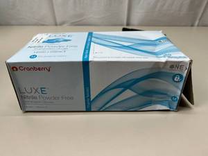 lot 36 image: MSRP $60  1 Box NEW Cranberry 300-Pack LUXE Fingertip Textured Nitrile Powder-Free Examination Gloves with Lanolin  Vitamin E - Size Medium
