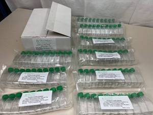 lot 38 image: 1 Box (Approx 140 each Containers) NEW Celltreat 229320 Sterilized Non-Pyrogenic Tissue Culture Flasks with Plug Seal Caps - Many Uses For These Sterile Small Bottles - Can Hold Approx 1-12 Tablespoons of liquid or powder