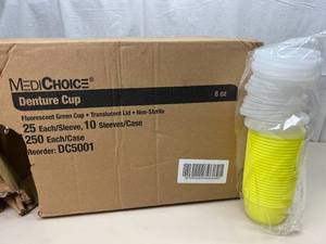 lot 79 image: 1 Case (250 each) NEW MediChoice DC5001 8oz (1 Cup Size) Denture Cups - Fluorescent Green Cups With Translucent Lids - Other Uses For These Containers 