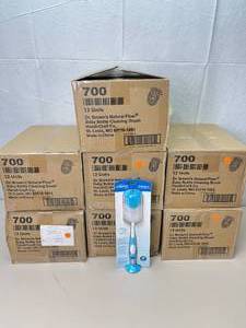 lot 91 image: MSRP $400  7 Cases (12 each per case) NEW&nbspDr. Browns Reusable Sponge Baby Bottle Cleaning Brush with Suction Cup Stand, Scrubber and Nipple Cleaner, Blue -Suction storage cup to house brush for sink-side sanitary storage