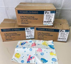 lot 93 image: 3 Cases (250 each per case) NEW Tidi 981610 10 x 13 2-Ply TissuePoly Kids Dental BibsTowels Under The Sea Print Waffle Texture