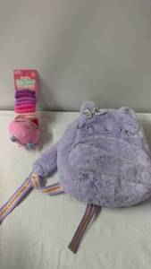 lot 116 image: Adorable Purple Fuzzy Backpack and Hair Ties Set