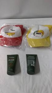 lot 152 image: Set of 2 Red and Yellow Caps with 2 Shea Moisture Full Beard Detangler