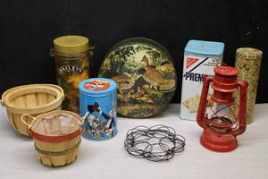 Vintage Tin Containers Lantern Etc