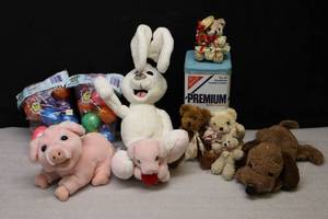 Vintage Trix Easter Bunny, Eggs, Cracker Tin, Plush Pigs Etc