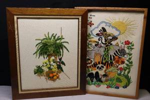 Vintage 1970s Sunset Stitchery Boston Fern and Flowers Embroidery Wall Art,  70s Baby Nursery Wall Art Animal Kingdom Crewel Zoo Safari Jungle