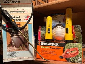 GarageShop...Suncast Week Sprayer, Hand Tools, Black & Decker Electric Grass Trimmer Etc