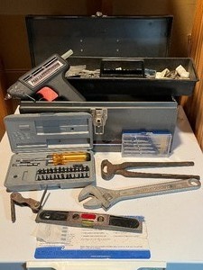 GarageShop Tools...Drill Bit Set, Metal Tool Box, Magnetic Level, Glue Gun Etc