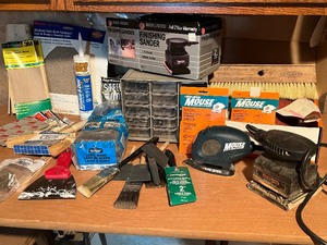 GarageShop...Power Tools Finishing Sander, Black & Decker Mouse Sander, Parts Organizer, Painting Supplies  Etc