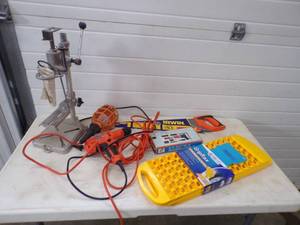 lot 59 image: Drill Press, Drill Trouble Light and Car Traction Plates