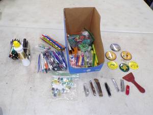 lot 74 image: Vintage pocket knives, PIns, Pens, Marbles, Firestone Ice Scraper