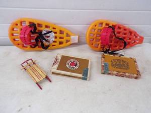 lot 88 image: Vintage Cigar Boxes, Radio Flier Mini Sled and pair of snow shoes
