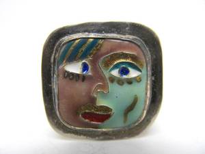 Signed Barbara Blow Sterling Silver &amp Enamel Cubist Style Brooch wFaces