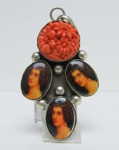 Sterling Silver Pendant w Carved Coral Flower &amp Porcelain Portraits