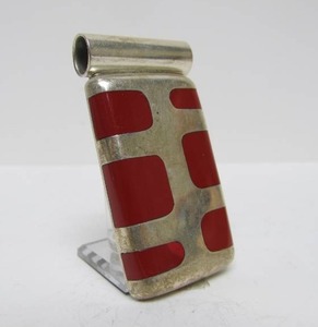Large Vintage Modernist Inlaid Sterling Silver wRed Stone Pendant
