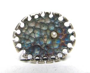 Sculptural Modernist Sterling Silver Oval Brooch wGenuine Pearl by Jim McConnell