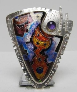 Large &amp Exceptional Cloisonne Enameled Sterling Silver Modernist Brooch Pendant by C.R. Dunetz #1
