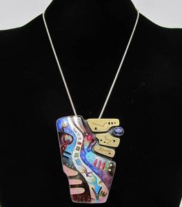 Large &amp Exceptional Cloisonne Enameled Sterling Silver &amp 18K GOLD Modernist Brooch Pendant Necklace by C.R. Dunetz #2