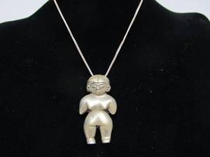 Larger Vintage AztecMayan Figural Sterling Silver Pendant Necklace - 900 silver - Peru