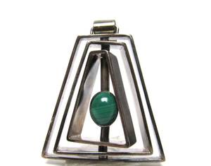 Vintage Kinetic Sculptural Sterling Silver Pendant wMalachite