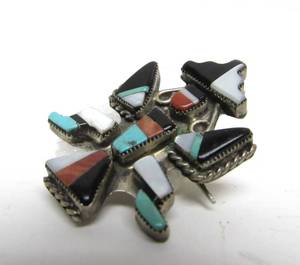 Vintage Southwestern Sterling Silver &amp Inlaid Turquoise Mother of Pearl etc Zuni Brooch Pin