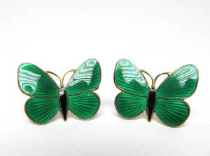 Pair (2) Signed Vintage Scandinavian Green Enameled Sterling Silver Butterfly Brooches