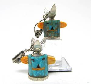 Wonderful Pair of Heavy Southwestern Sterling Silver Turquoise &amp Coral Kachina Earrings