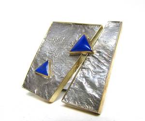 Stunning Vintage Sculptural Modernist Brooch by Diane Egbert - Shibuichi &amp Sterling Silver w14K Gold &amp Inset Lapis