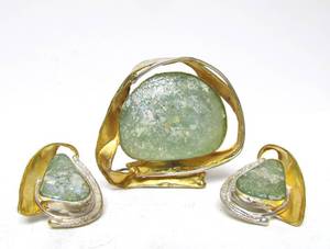 Gorgeous Vintage Signed AVI SOFFER Sterling Silver wAncient Roman Glass Matching Brooch &amp Earring Set