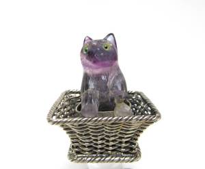Large Heavy Vintage Sterling Silver &amp Hand Carved Amethyst Cat in Basket Pendant (AS IS)&nbsp