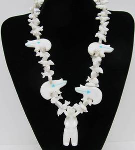 Hand Carved White Stone Southwestern Fetish Necklace wBears Fish &amp other Animals