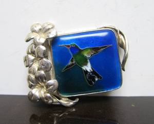 Very Nicely Southwestern Enameled Sterling Silver Brooch wHummingbird - Signed EC