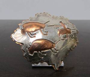 Signed Sterling Silver &amp Copper Native American Buffalo Hunt Brooch - Signed RAM