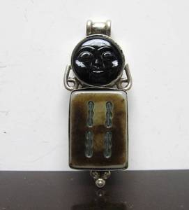 Vintage Sterling Silver Pendant wCarved Black Stone Face