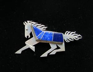 Vintage Southwest Sterling Silver Horse Pendant wLapis - Signed V