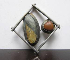 Excellent Sterling Silver Modernist Brooch wNatural Inset Stones - Signed Faust