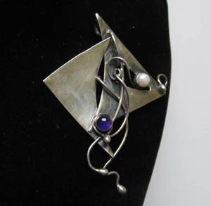 Outstanding Large Signed Sculptural Modernist Brooch Pendant wPearl &amp Amethyst