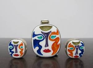 Great Looking Matching Alessandro Menegatti Style Sterling Silver &amp Enamel Face Pendant &amp Earrings
