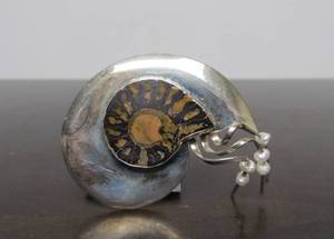 Sculptural Signed Ammonite Sterling Silver &amp Genuine Pearl Brooch by Great Falls Metal Works