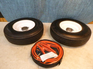 lot 118 image: 2 Trailer Tires and Jumper Cables