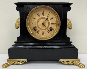 lot 67 image: Antique Ansonia Enameled Iron Mantle Clock with Rams Head Details